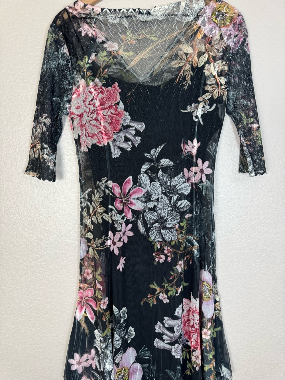 Komarov Floral Print Charmeuse Chiffon Lace Midi Dress 3/4 Sleeves Large $298 - Picture 9 of 12